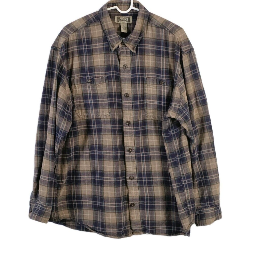 Duluth Trading Co Men's XL Brown & Blue Plaid Long‎ Sleeve Flannel Shirt